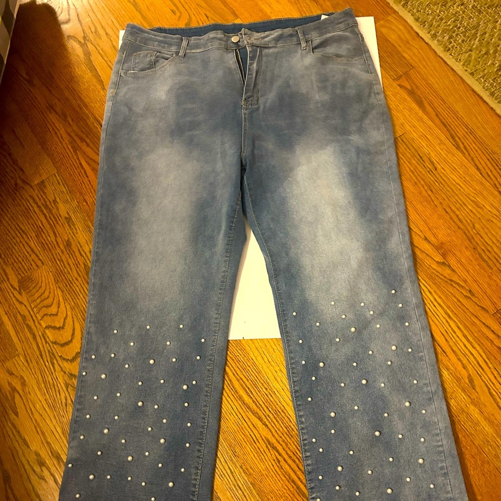 Women's Blue Jeans with Pearl Detailing